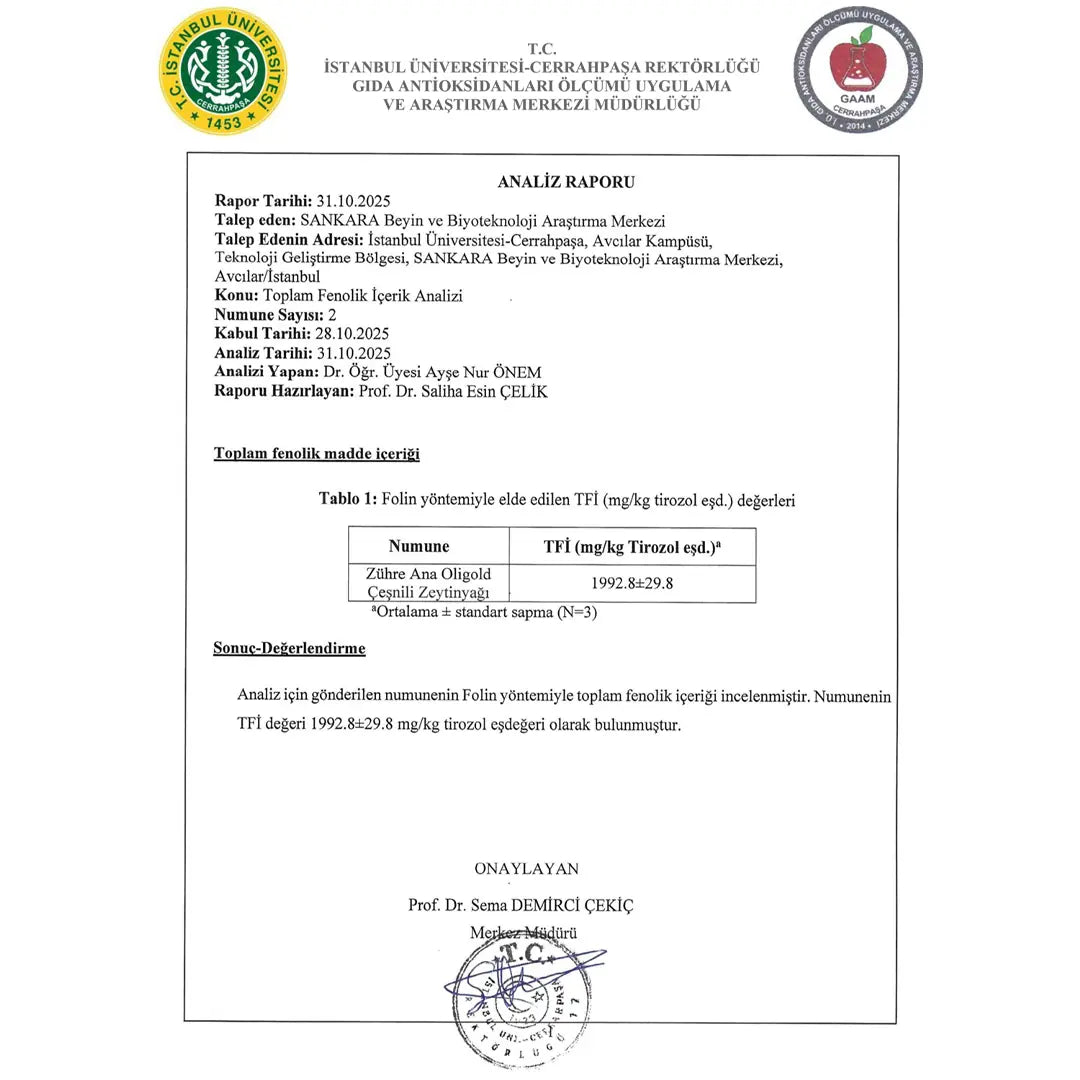 Zühre Ana Oligold 1500 Ultra Yüksek Polifenollü Naturel Sızma Zeytinyağı